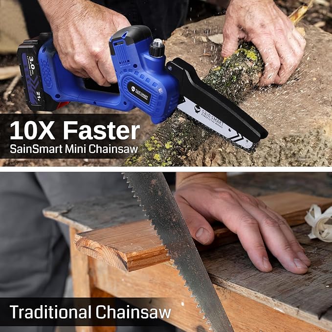 SainSmart Mini Chainsaw 6 Inch Cordless Portable Electric Chainsaw, Handheld Powered Super Saw with 2PCS 3000mAh Batteries, Goggles & Gloves, for Tree Trimming Branch Pruning Woodcutting