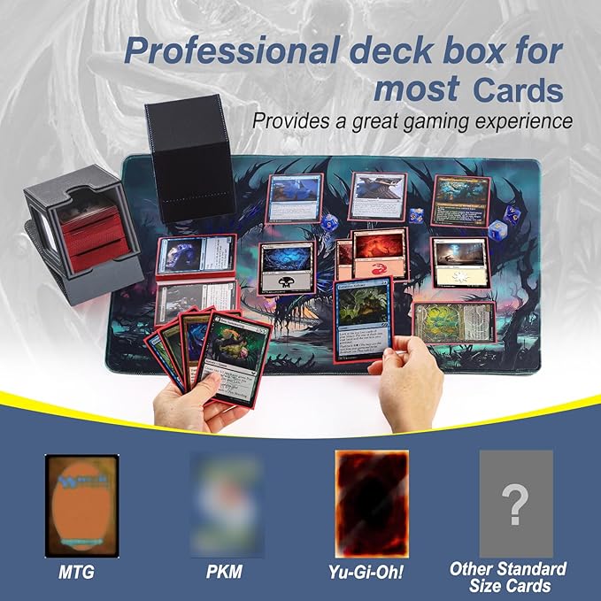 MTG Deck Box, Double Display Window MTG, Commander Deck Box Fits 120+ Single Sleeved Cards, PU Leather Magnetic Closure Card Box with 2 Dividers&2 Toploaders for TCG, CCG, Black/Grey