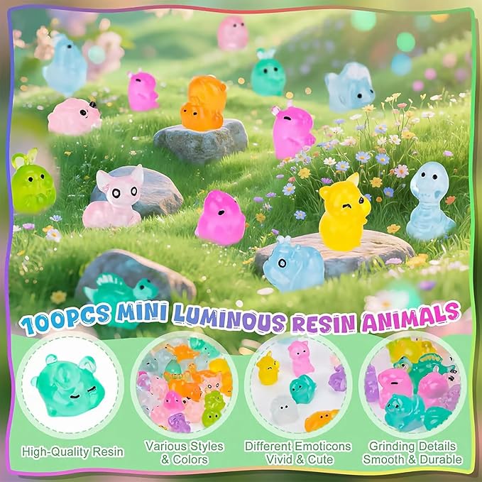 100PCS Mystery Bag Mini Resin Animals,Mini Glow in The Dark Animal Resin Models,Mystery Resin Animals Blind Bag Small Luminous Farm Ocean Figures Collectible Mini Animals,Random Design