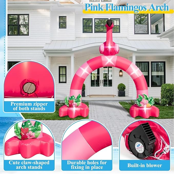 Eyourlife 12FT Pink Flamingo Inflatable Arch,Giant Fall Inflatable Flamingo Outdoor Decor,Blow-Up Flamingo with 1Blower 6LED Lights and 2Hawaiian Leis for Summer Yard Garden Birthday Luau Beach Party