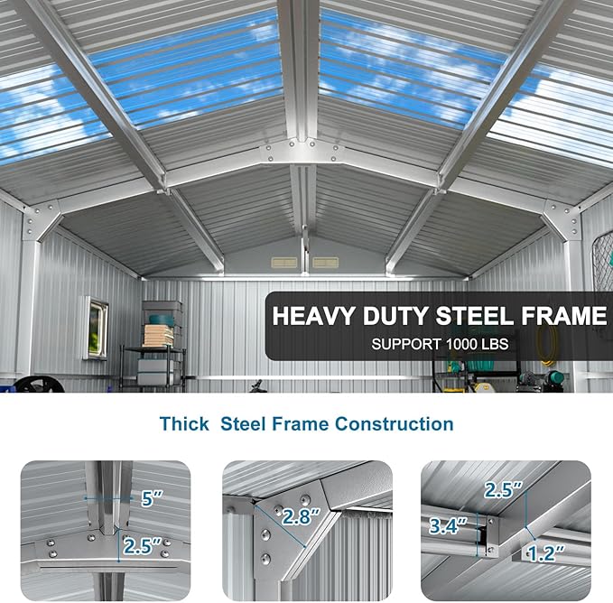 10x12 FT Metal Outdoor Storaged Shed with Floor Base Waterproof Reinforced Frame with Unique Clear Roof Skyview Windows Air Vents Door for Garden Patio Backyard Large Tools Storage Lawnmower,Dark Grey