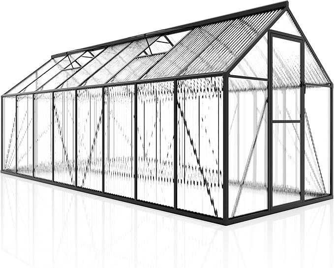 Jocisland 6x16Ft Polycarbonate Greenhouses for Outdoors, 2 Top-Opening Windows, Swing Doors, Aluminum Walk-in Heavy Duty for Outdoor Use, Backyard Garden, Black
