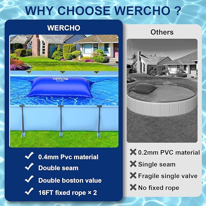 Pool Pillow for Above Ground Pool, 4 x 8 FT Ultra Thick Pool Pillow with PVC Material 0.5mm Thick Cold-Resistant Winter Pool Pillow for Above Ground Pools and Winterizing （2x16ft Rope）