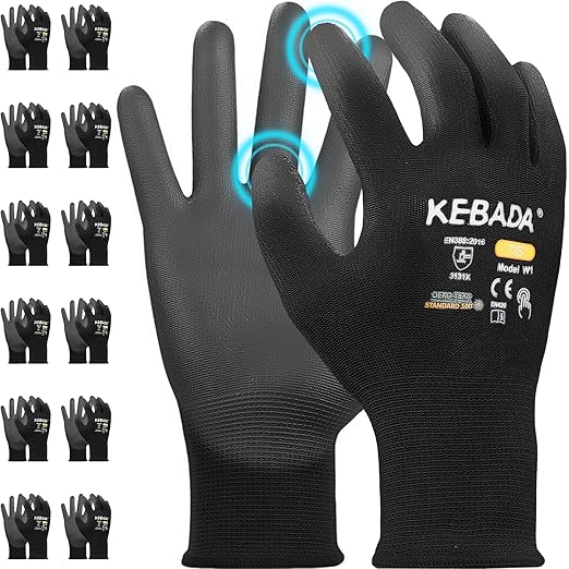 Kebada W1 Work Gloves for Men and Women, PU Coated Safety Gloves with Grip, Touchscreen, Ideal for Warehouse Package Handling, Construction, Gardening, Black Medium