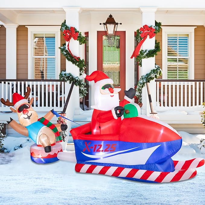 8.5 FT Christmas Inflatables Outdoor Decorations, Funny Christmas Inflatables Santa Claus and Elk Sits on a Snowmobile Blow Up Yard Decorations with Built-in Lights for Yard Lawn Garden Party Decor