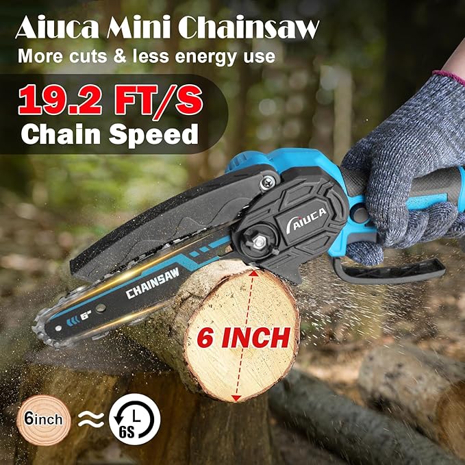 6-Inch Mini Chainsaw, Cordless Handheld Electric Chainsaw with 2x 24V 4000mAh Batteries & 2 Chains, Lightweight & Portable, for Tree Trimming, Wood Cutting, Gardening, Outdoor & Household Use (Blue)
