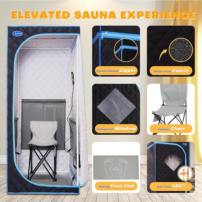 Portable Infrared Sauna for Home Full Size Personal Sauna Tent for Indoor Spa Lightweight Sauna Box with Foldable Sauna Chair, Heated Foot Pad, Remote Control 29.1"x29.1"x66.5" (Black)