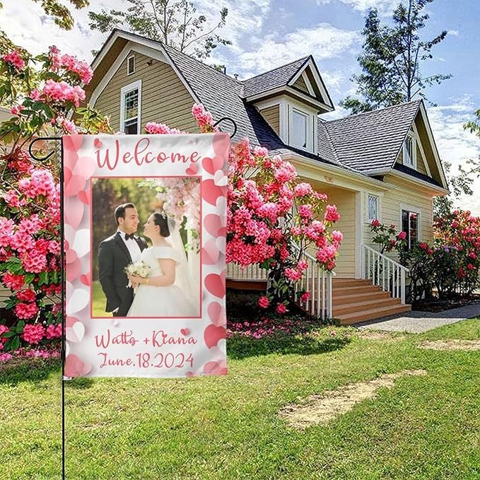 Custom Wedding Garden Flag Personalized Garden Flags Add Photo Name Date Decoration Banner For Ceremony Party Bridal Shower Memorial Anniversary (Custom Wedding Flags 1, 28x40(in))