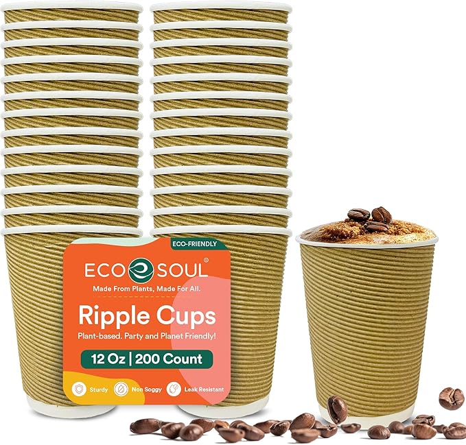 ECO SOUL 12oz Compostable Ripple Cups (200 Pack) – Biodegradable Paper Cups, Non-Toxic Disposable Cups for Hot Drinks, To-Go Coffee Cups, Eco-Friendly & Ripple Paper Cups