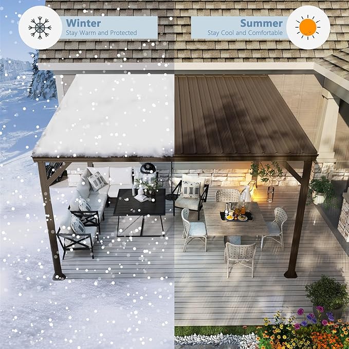 Domi 10’x12’ Wall-Mounted Hardtop Gazebo Pergola – Permanent Lean-to Outdoor Shelter with Sloped Galvanized Steel Roof & Upgraded Drainage – Grey Metal Patio Cover for Backyard, Deck, Garden，Brown