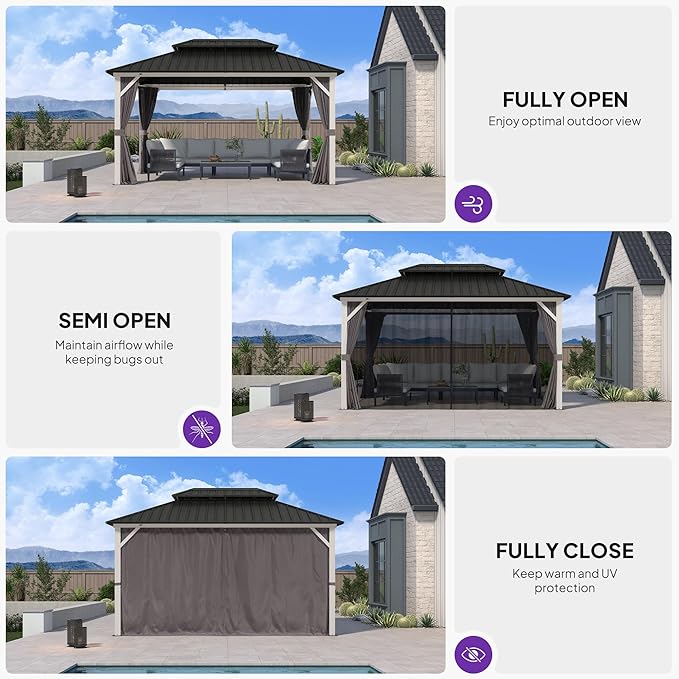 PURPLE LEAF 10' X 14' Outdoor Gazebo Hardtop Metal Roof White Aluminum Frame Heavy Duty Gazebos with Curtain and Netting for Patio, Garden and Backyard, Grey