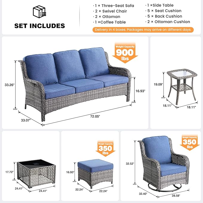 ovios 7 Pieces Patio Furniture Set, Outdoor Wicker Sofa Couch with Swivel Chairs Solar Lights Table, High Back All Weather Modern Conversation Sets, Grey Rattan, Denim Blue