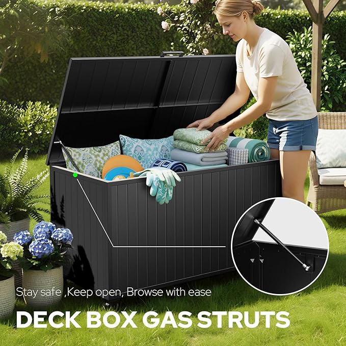 150 Gallon Outdoor Storage Box with Wheels, Metal Deck Box Waterproof, UV Resistant Patio Storage Box with Lid for Patio Furniture, Garden Tools, Outdoor Cushion (Charcoal)