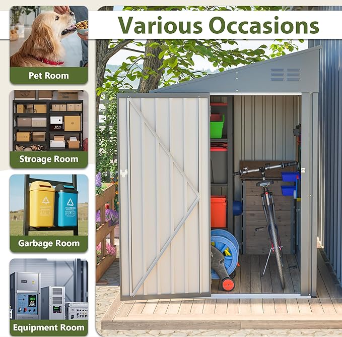 4x7 FT Lean to Shed with Single Lockable Side Door, Outdoor Metal Storage Shed, Sloping Roof Galvanized Utility Steel Tool Shed for Garden, Patio, Lawn & Backyard