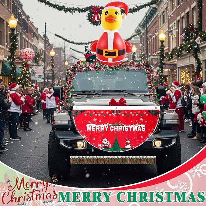 Hungdao 9 Pcs Christmas Golf Cart Parade Decorations Include 1 Pcs 4 Feet Inflatable Giant Santa Duck with Float Bunting Flag Tinsel Garland for Christmas Car Yard Party Decoration