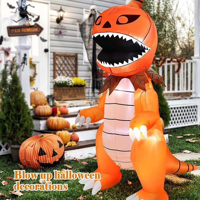 DearSun 8FT Giant Halloween Inflatable Pumpkin Dinosaur with LED Lights Outdoor Decoration Large Party Yard Decoration (Giant Pumpkin Dinosaur)
