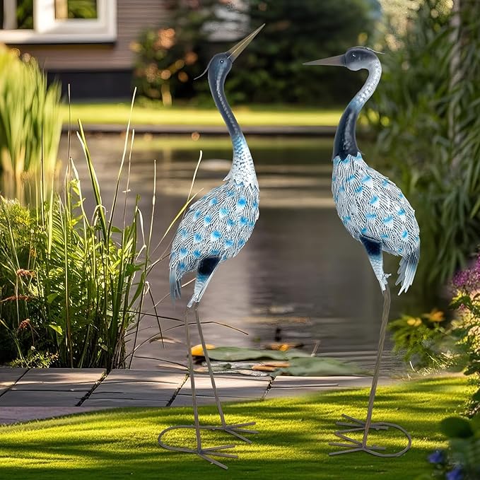 HONGLAND Garden Crane Statues Blue Heron Sculptures for Outdoor Metal Large Birds Lawn Ornaments for Yard Patio Porch Outside Decorations,Set of 2
