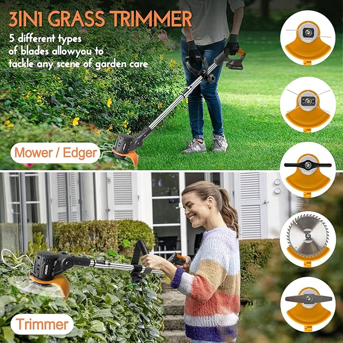 Stringless Weed Wacker Electric, 21V Battery Powered Weed Eater with 2 * 2.0Ah Battery, Charger & 5 Types Blade Lightweight Grass Trimmer for Garden Yard Lawn Work
