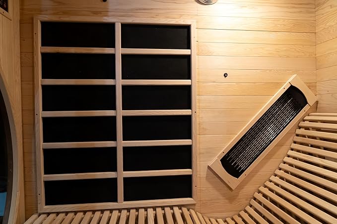 Far Infrared Wooden Sauna Room, Luxurious Canadian Red Cedar Sauna with 2 Oversize Recliners, 220V, 3400 W, 9 Heating Element, Bluetooth Speakers, 7 Color Light, Oxygen Bar, Low EMF