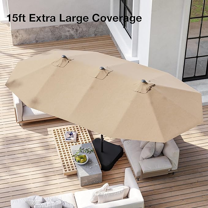 Joyside 15FT Large Patio Umbrella with Base Included, Outdoor Double Sided Umbrella, Rectangle Umbrella with Crank Handle, 12 Sturdy Ribs for Deck, Porch and Pool