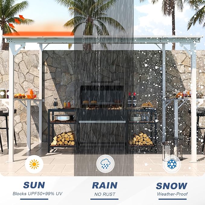 MEISSALIVVE 8' x 10' Wall Mounted Gazebo, Outdoor BBQ Grill Gazebo with Side Shelf, Lean to Metal Awnings with Sloped Roof, Heavy Duty Pergola for Backyard, Deck, White
