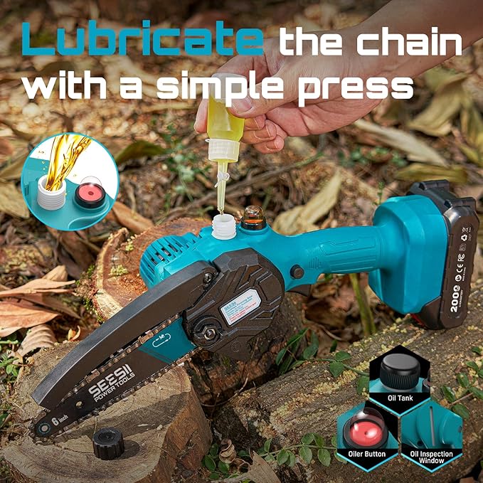 SEESII Mini Chainsaw 6 inch,Cordless Chainsaw w/ 2x2000mAh Batteries,Oiler System & Replacement Chain,Handheld Electric Chain Saw w/Safety Lock,Battery Powered Chainsaw for Wood Tree Cutting, CH600+