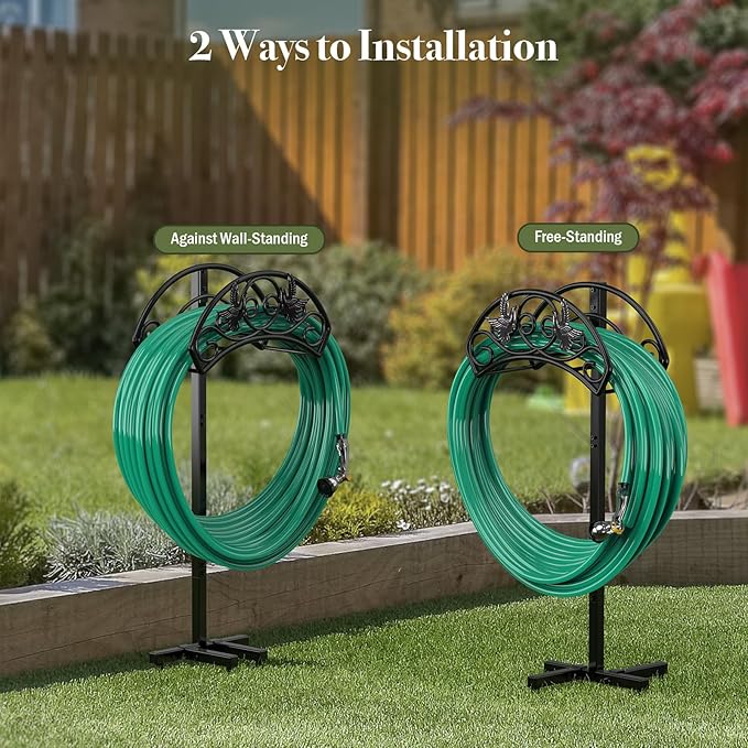 Garden Hose Holder Detachable, Heavy Duty Metal Water Hose Hanger Freestanding Hose Organizer Hose Holders for Outside (Black)