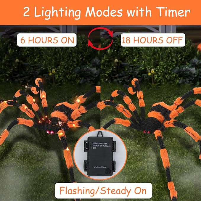 Giant Spider Halloween Decorations, 60” Large Black Hairy Scary Virtual Realistic Spider with 56 LED Orange Lights Red Eyes Timer for Spiderweb Indoor Outdoor Yard Party Halloween Decor