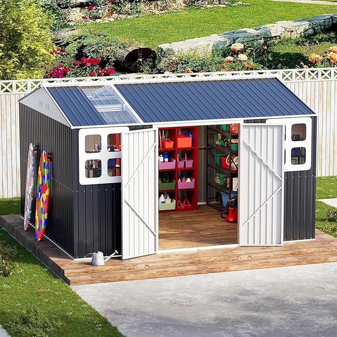 10x12 FT Metal Outdoor Storage Shed, Reinforced Frame Heavy Duty Large Waterproof Garden Tool Sheds with Unique Skylight Windows Air Vent for Patio Yard，Dark Grey