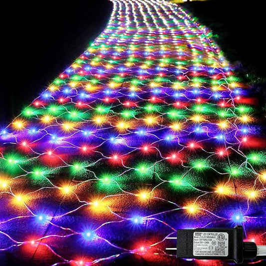 Lovelite 610 LED Christmas Net Lights, 34.5ft x 5ft Mesh Lights Outdoor Clear Wire 8 Modes, Waterproof Connectable String Lights Plug in for Bushes Xmas Tree Garden Holiday Party Decor - Multicolor