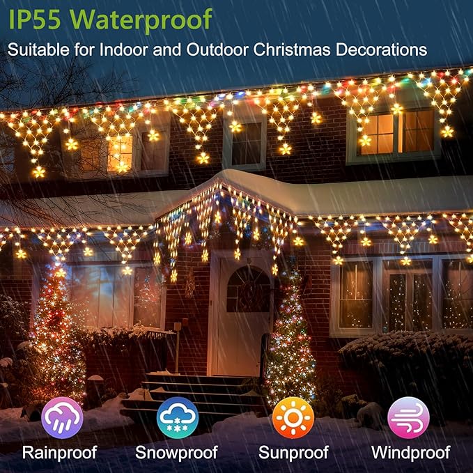 Christmas Lights Outdoor Decorations 218 LED 13.8ft Curtain Fairy Lights with 12 Drops, Clear Wire LED String Light Decor with 8 Modes for Wedding Party Holiday Christmas Indoor Outdoor Decor