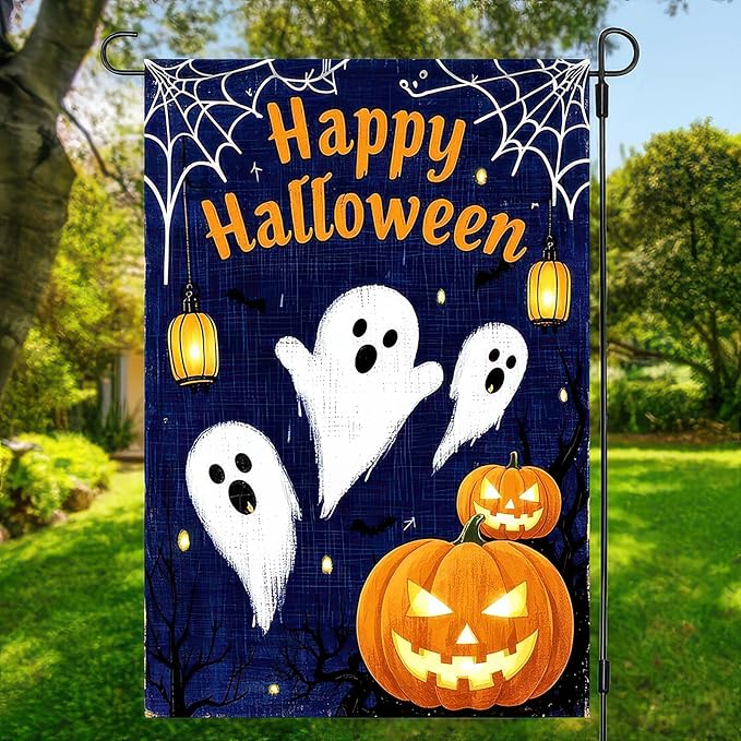 Garden Flags 12x18 Inch Halloween Ghost Pumpkin Banner Outdoor Scary Yard Sign Spooky Night Fall Lawn Porch Decor for Home Welcome Party Garden Flag