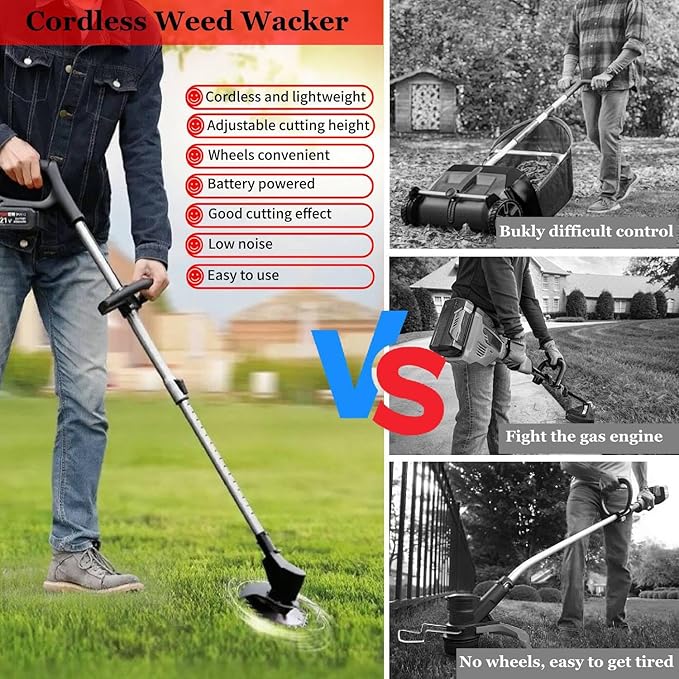 21V Electric Weed Wacker with Wheel, Cordless Weed Eater with 2 x Batteries & 1 Charger, 3 in 1 Grass String Trimmer/Brush Cutter/Edger, Stringless Lightweight Weed Trimmer for Garden, Yard and Lawn