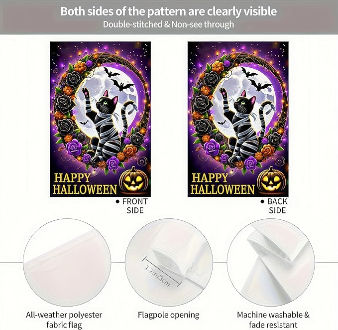 Trick or Treat Halloween Garden Flag for Outside, Black Cat Garden Flag 12x18 Double Sided Vertical Kitten Yard Flag for Outside Halloween Winter Lawn Farmhouse Patio Banner