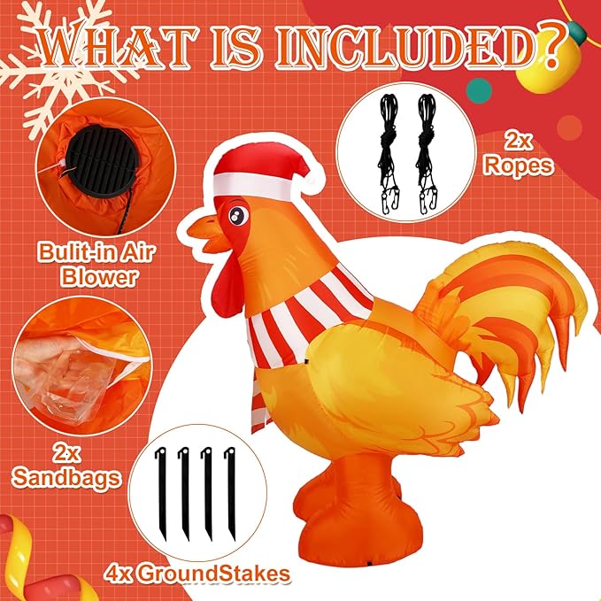 6Ft Christmas Rooster Inflatable with Built in LED Lights Xmas Chicken Blow-Up Lawn Decoration for Winter Home Garden Yard Holiday Party Indoor Outdoor Decor