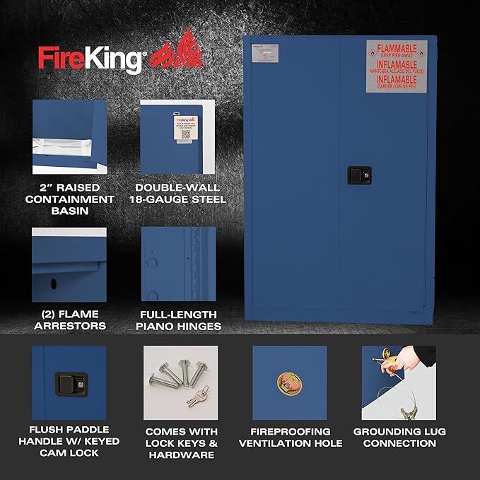 FireKing Blue Flammable Safety Cabinet, Corrosives Flammable Storage Cabinet, 45 Gallon Steel Safety Cabinets with Manual Door for Commercial, Industrial & Home Use, 43" x 18" x 65"
