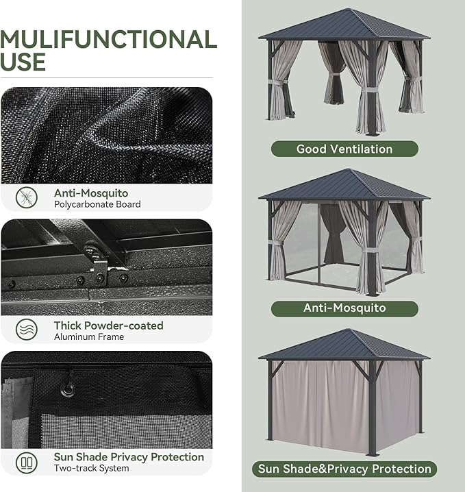 Aoxun 10'x10' Hardtop Gazebo, Galvanized Steel Outdoor Canopy Aluminum Single Top, Permanent Metal Pavilion with Netting and Privacy Curtains for Backyard, Patio and Deck