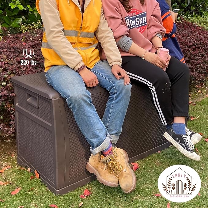 121 Gallon Outdoor Storage Box Large, Lockable Outside Storage Containers Waterproof Patio Cushions Storage Deck Boxes, Rattan Plastic Garden Hose Storage Boxes Resin Pool Storage Bins, Brown