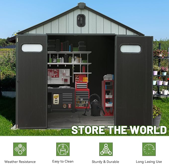 8X6 FT Outdoor Resin Storage Shed, Waterproof Plastic Garden Shed with Lockable Door, Windows & Vents, Outside Storage Tool Shed for Patio Furniture, Lawn Mower, Bike