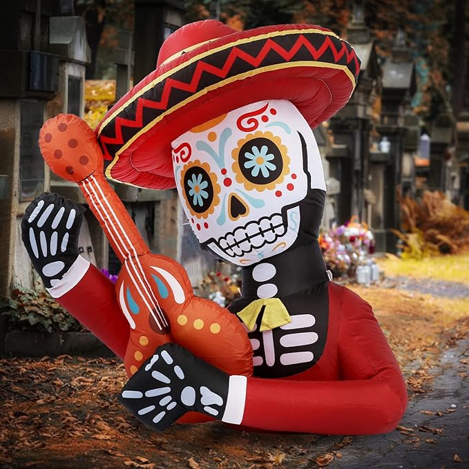 WBHome 4 Ft Halloween Inflatable Outdoor Skull Guitar Decorations, Day of The Dead Blow Up Yard Decor with Built-in LED Light (Plug in) for Lawn Home Dia de Los Muertos Party Indoor Outdoor