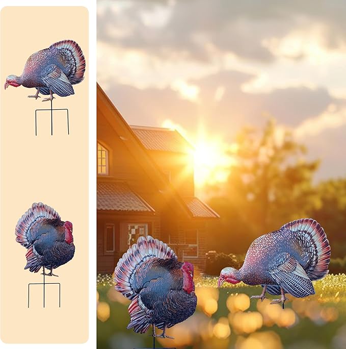 Turkey Metal Garden Stakes Outdoor Decorative Sculptures Holiday Yard Art Fall Thanksgiving Decor for Outdoor Holiday Party Garden Yard Lawn Decor, 2 Pack