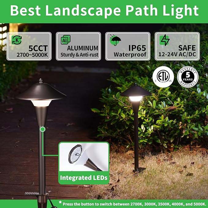 Pathway Landscaping Lighting, Low Voltage 5cct Modes Garden Path Light LED 12V, Outdoor Waterproof Sidewalk Lights, 5W 200LM Oil Rubbed Bronze Aluminum for Outside Walkways Yard (12 Pack)