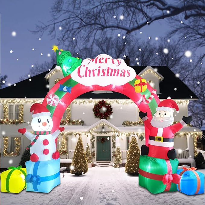 12.5FT Christmas Inflatables Archway, Inflatable Santa Claus and Snowman Sitting on Gift Boxes, Christmas Arch Blow Up Yard Decorations and LED Lights Built-in for Party Indoor, Outside, Garden, Lawn