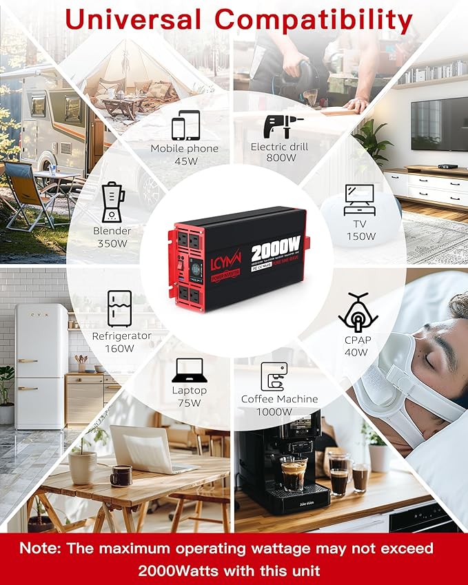 2000 Watts Pure Sine Wave Power Inverter 12V DC to 110V 120V AC Converter for Home RV Off Grid Truck Solar System Inverters with Type-C PD30W USB QC3.0 Port 4 AC Outlets LCD Display and Remote Control