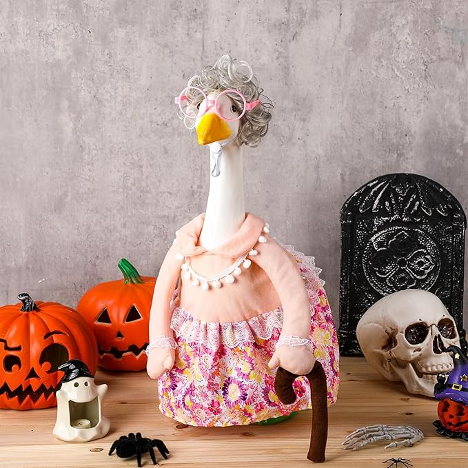 Abbylike Halloween Porch Goose Outfits Old Lady Goose Clothes with Silver Wig Sunglasses for 23" Geese Grandma Costume Halloween Outdoor Patio Yard Lawn Decoration