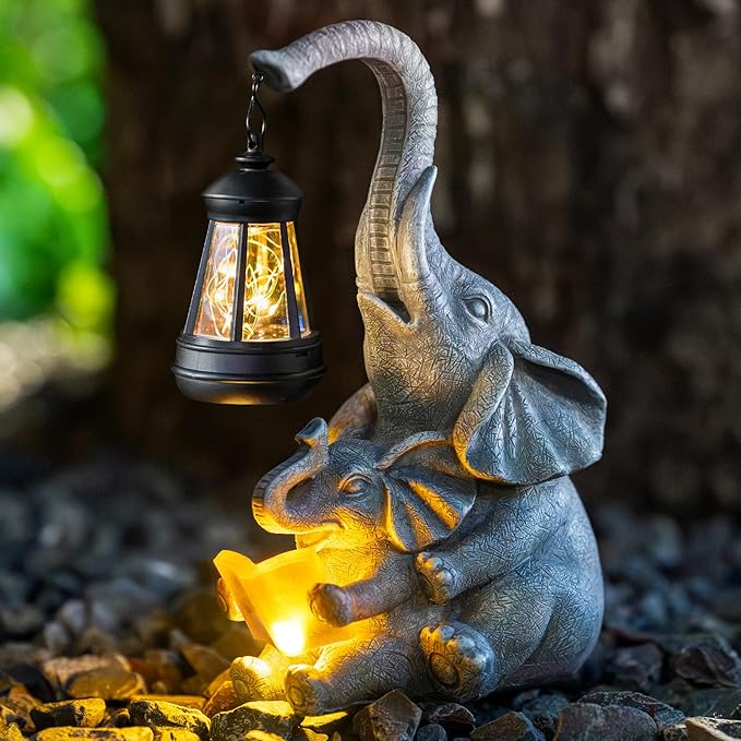C&Y&G&X Solar Outdoor Garden Decor Elephant Statues Lights, Elephants Family Son Birthday Gifts for Mom, Housewarming Gifts and Yard Decoration