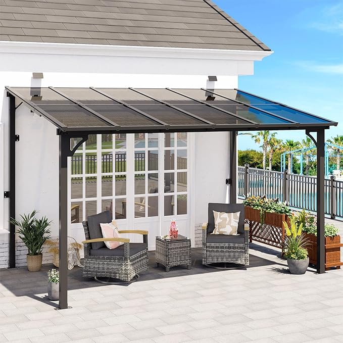 MEISSALIVVE 8' x 12' Wall Mounted Pergola, Lean to Metal Awnings, Sloped Roof Patio Gazebo Awning, Black