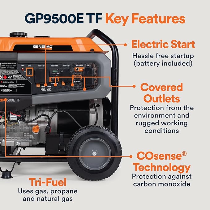 Generac 12,500 Starting Watt Tri-Fuel Portable Generator - Electric Start - Gas, Propane or Natural Gas - Home Backup, Jobsite, or RV - Quiet Operation - Long Runtime - 50-State Compliant