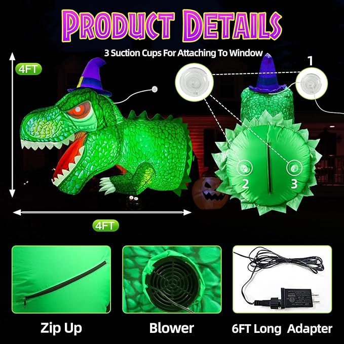 4Ft Halloween Inflatables Decorations Outdoor Dinosaur Broke Out from Window with Built-in LED Vivid T-Rex Blow Up Inflatable for Indoor Home Party Yard Garden Lawn Decor Green zu-74521