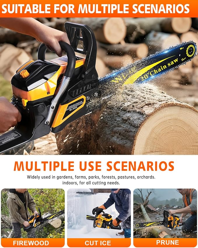 63cc Gas Powered Chainsaw 20 Inch, 3.2KW 2-Stroke Engine, Heavy Duty Gas Chain Saw with 2 Chains & 2 Bars, Automatic Oiler, Anti-Vibration Handle for Logging, Firewood & Tree Cutting